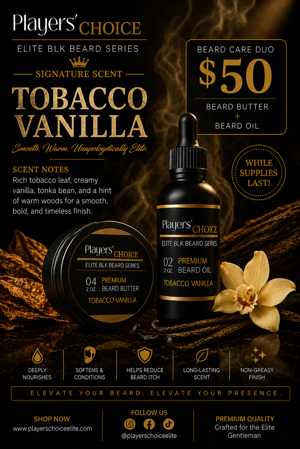 Players' Choice Elite Tobacco Vanilla Beard Care Duo – Beard Butter + Beard Oil $50